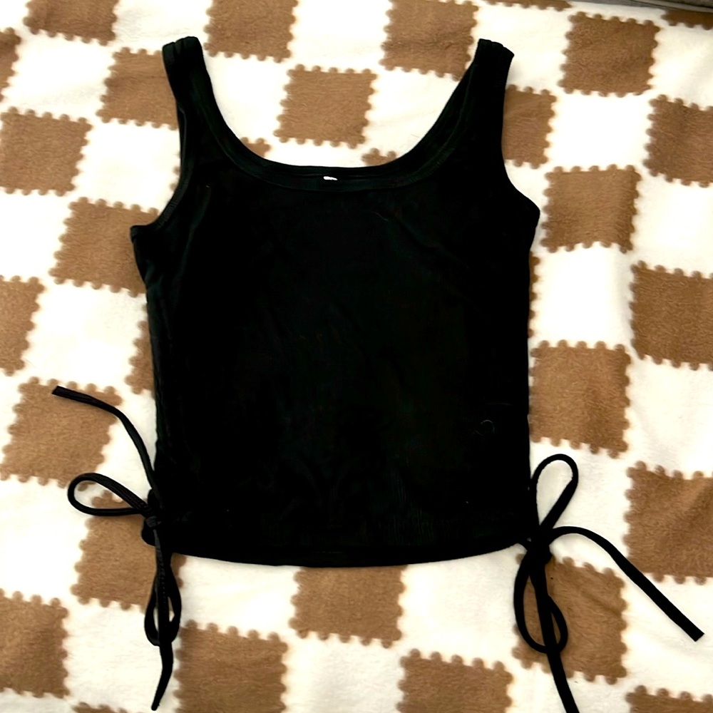 Black ribbed ruched side tie scoop neck tank top size xs